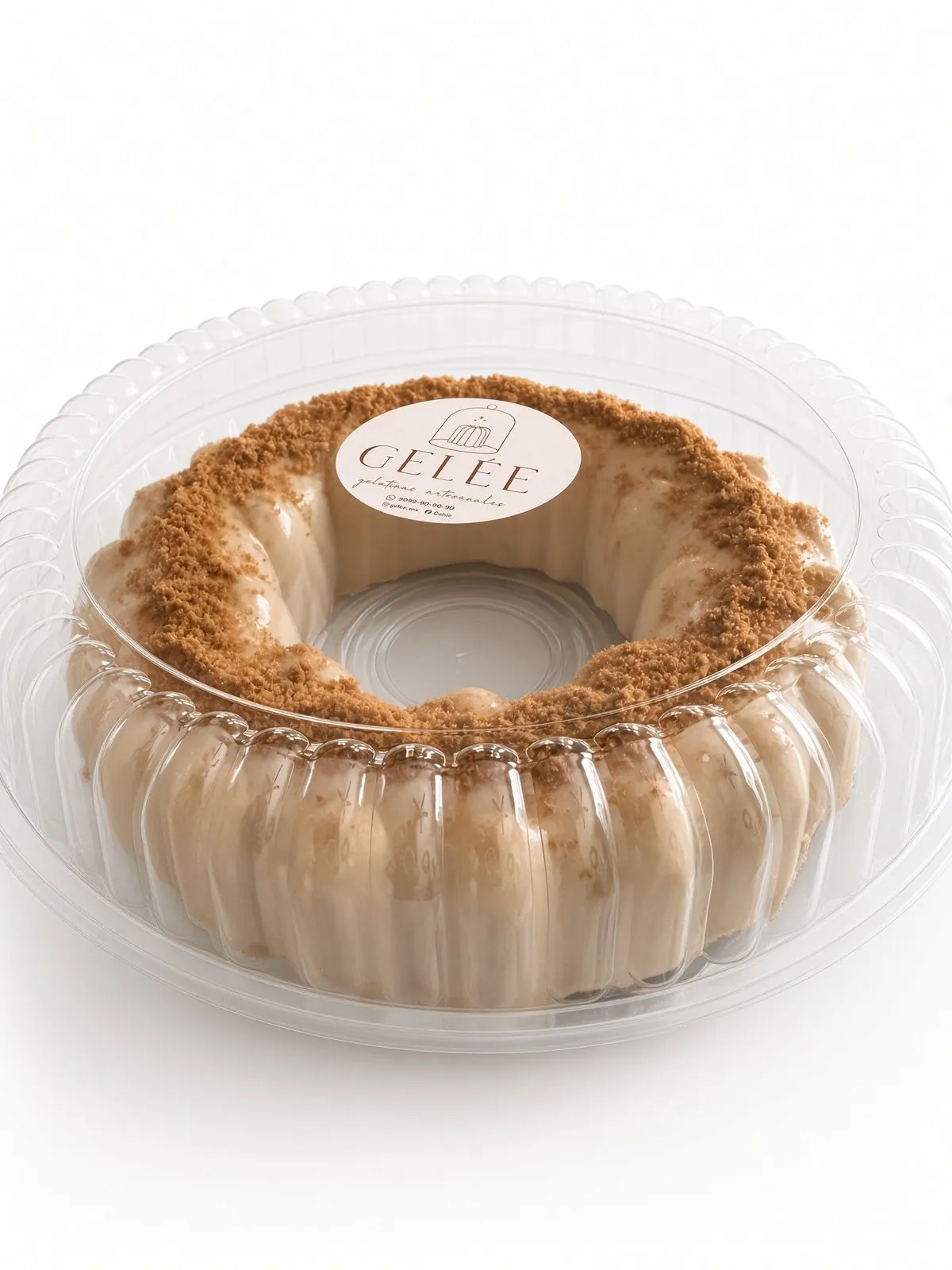 Gelée grande sabor Lotus Biscoff, en forma de rosca cubierta de galleta molida, dentro de su envase redondo